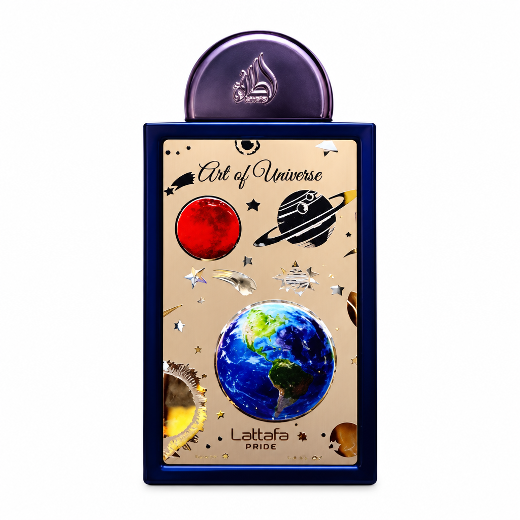 Lattafa Art Of Universe navy bottle with purple rounded cap and golden planet illustration centered on white.