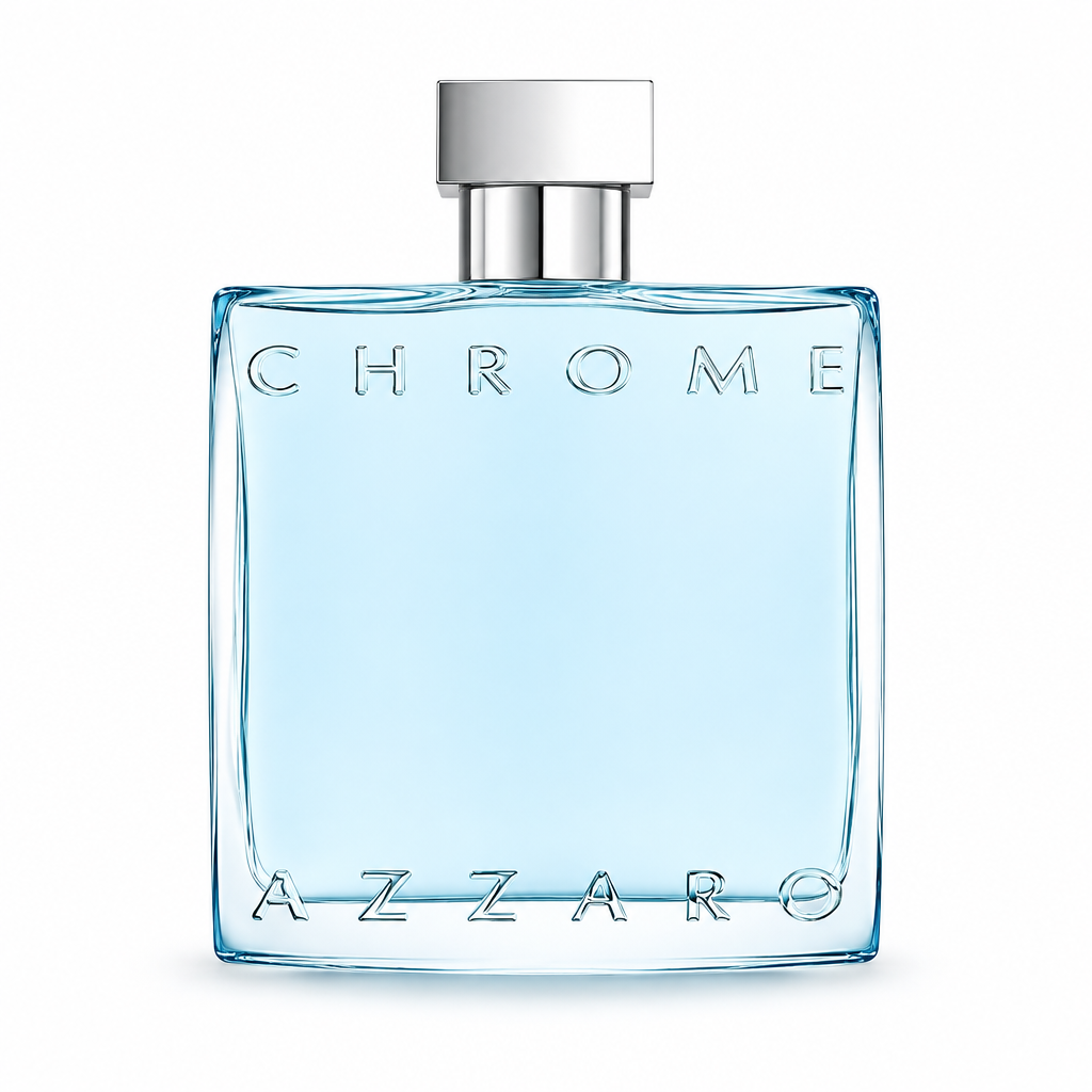 Azzaro Chrome pale blue fragrance bottle with silver cap and engraved Chrome and Azzaro lettering, closely framed on white.