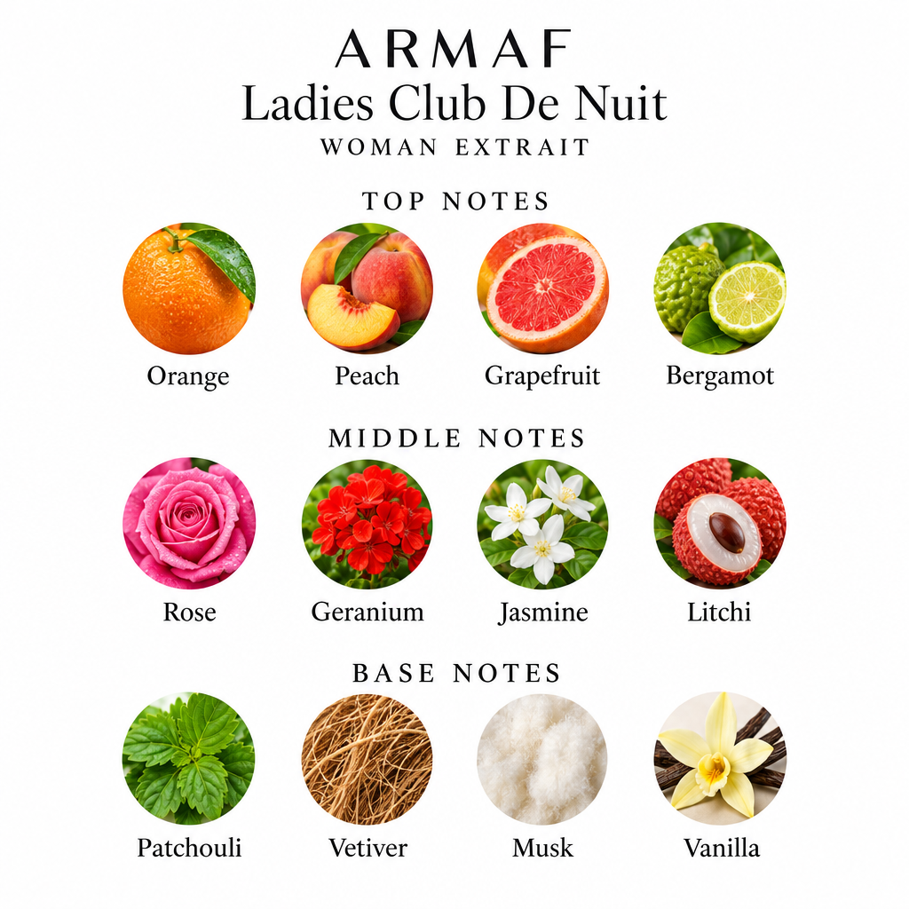 Notes card: orange, peach, grapefruit, bergamot; rose, geranium, jasmine, litchi; patchouli, vetiver, musk, vanilla