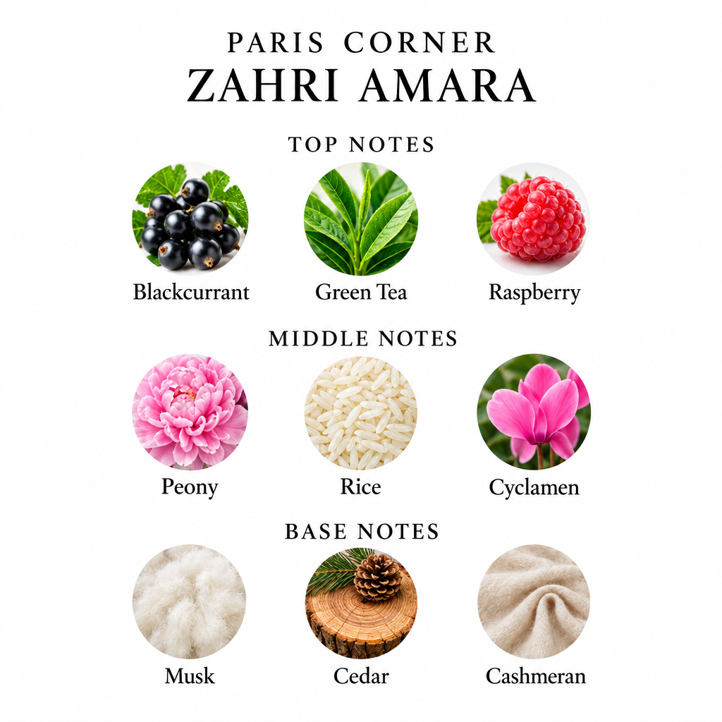 Paris Corner Zahri Amara notes: blackcurrant, green tea, raspberry, peony, rice, cyclamen, musk, cedar and Cashmeran