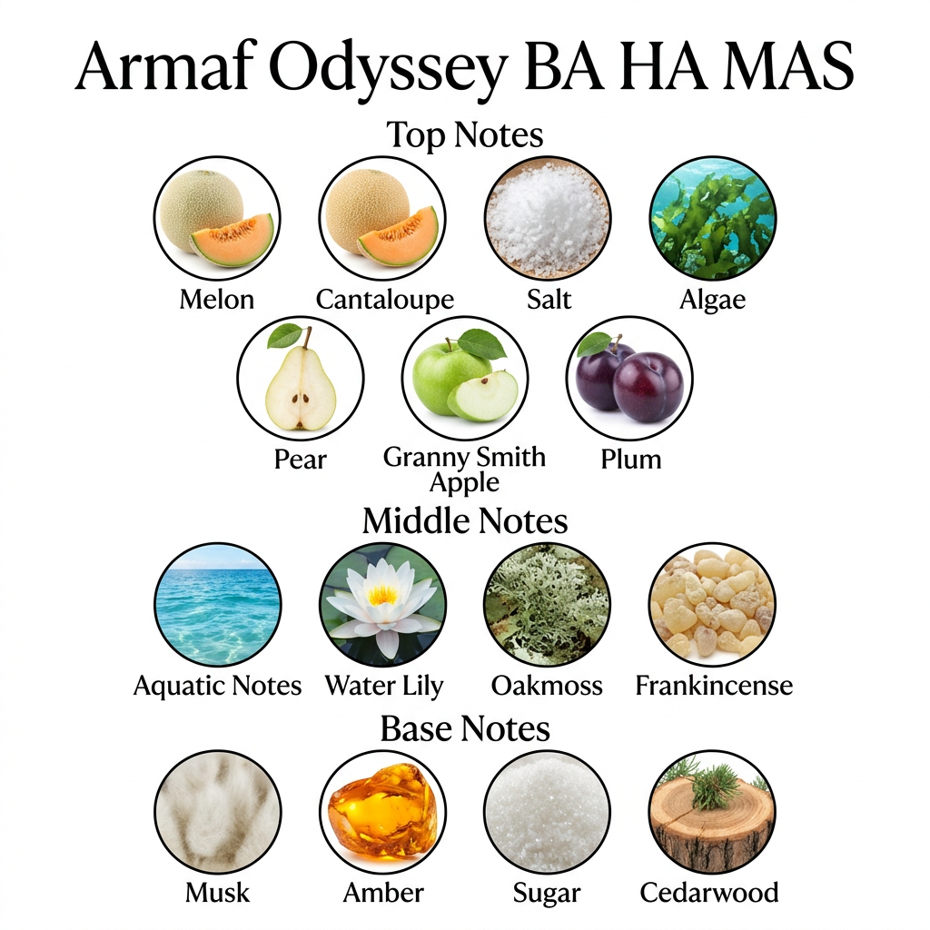 Armaf Odyssey BA HA MAS notes: melon, cantaloupe, salt, algae, pear, Granny Smith apple, plum, aquatic notes, water lily, oakmoss, frankincense, musk, amber, sugar and cedarwood.