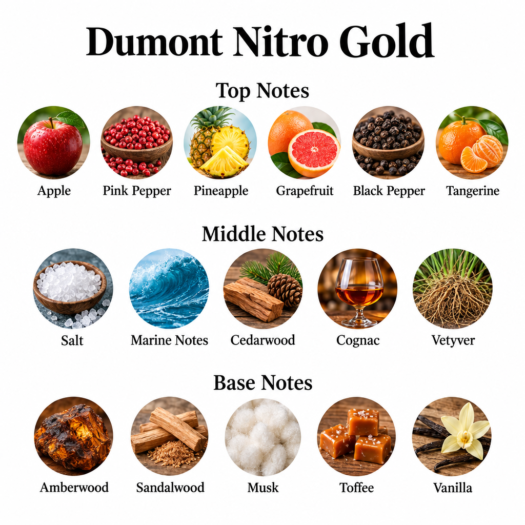 Dumont Nitro Gold notes card with top, middle, and base notes