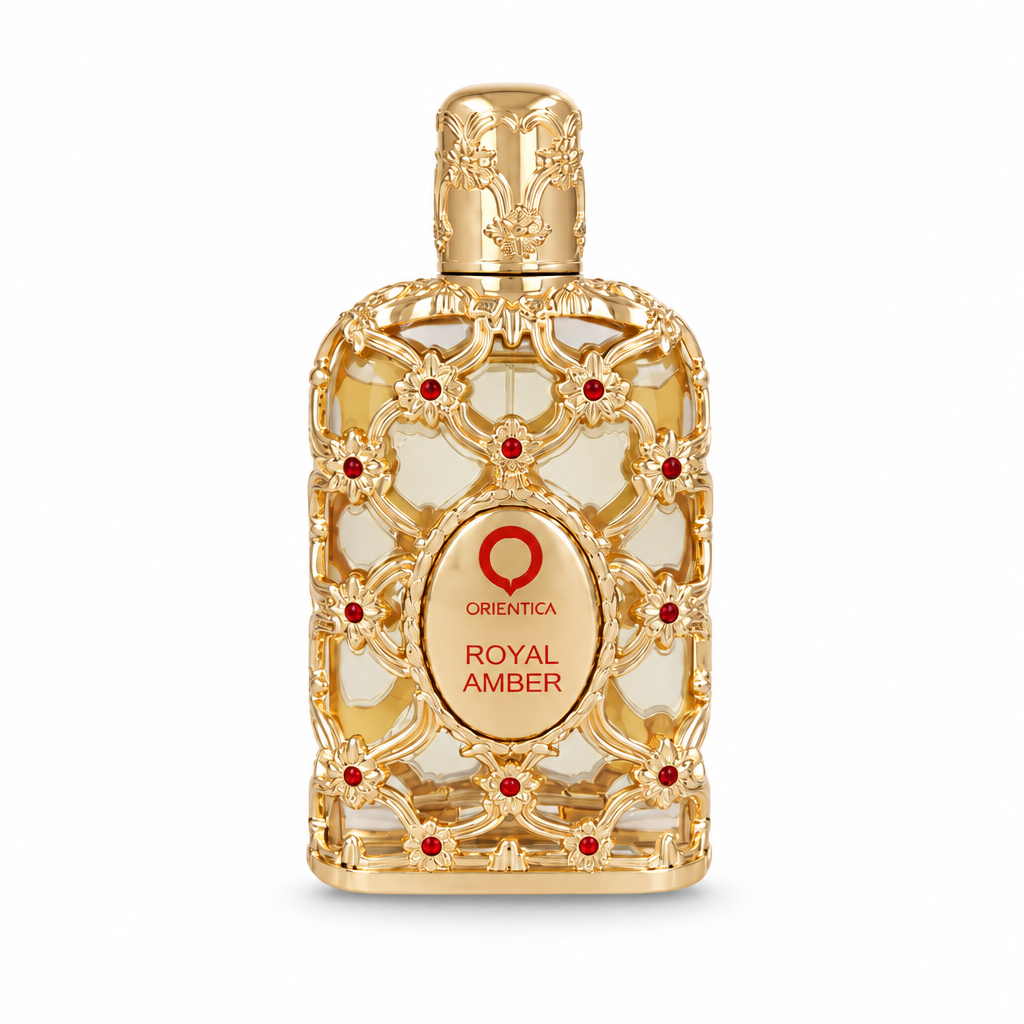 Orientica Royal Amber ornate gold fragrance bottle on white background