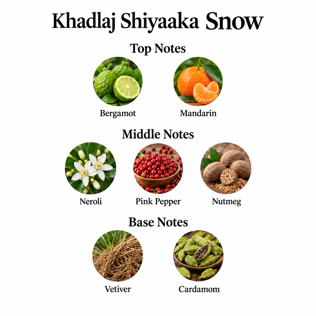 Khadlaj Shiyaaka Snow: top bergamot and mandarin; middle neroli, pink pepper and nutmeg; base vetiver and cardamom.
