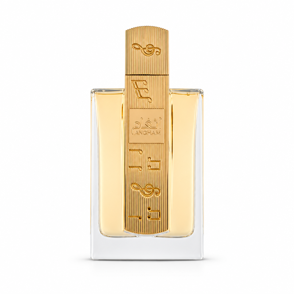 Lattafa Angham gold and clear bottle on clean white background
