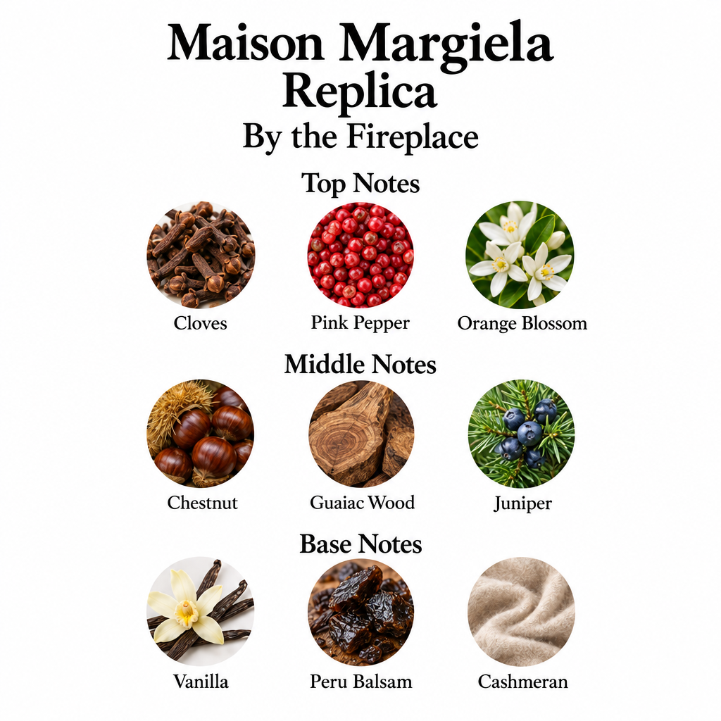 By the Fireplace notes: cloves, pink pepper, orange blossom; chestnut, guaiac wood, juniper; vanilla, Peru balsam, cashmeran.