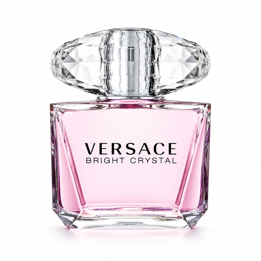 Versace Bright Crystal pink fragrance bottle with a clear faceted cap on a white background.