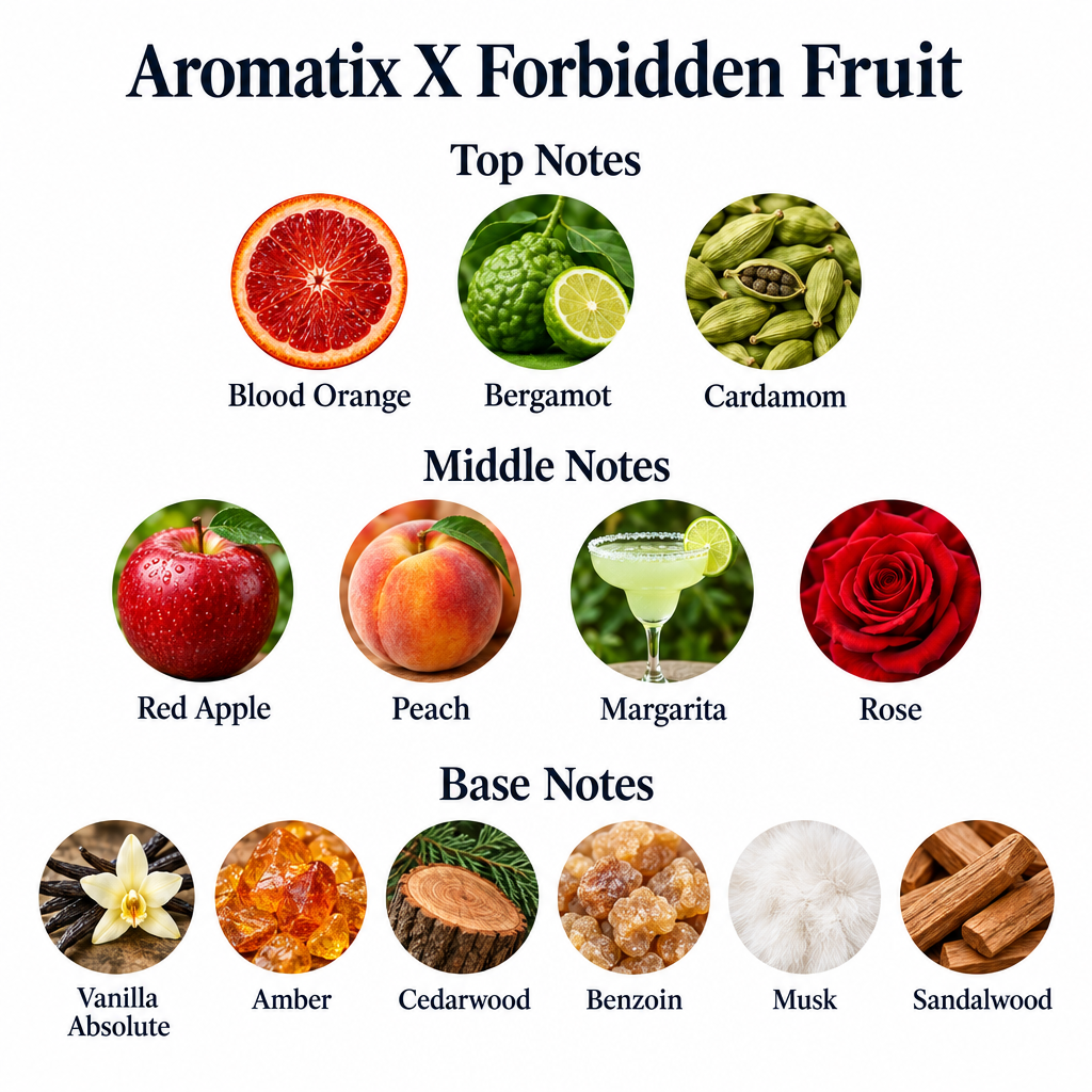 Aromatix X Forbidden Fruit notes: blood orange, bergamot, cardamom; red apple, peach, margarita, rose; vanilla absolute, amber, cedarwood, benzoin, musk, sandalwood.