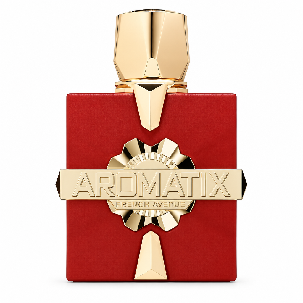 Aromatix X Carnal Desire red fragrance bottle with gold cap and Aromatix French Avenue plaque, closely framed on white.