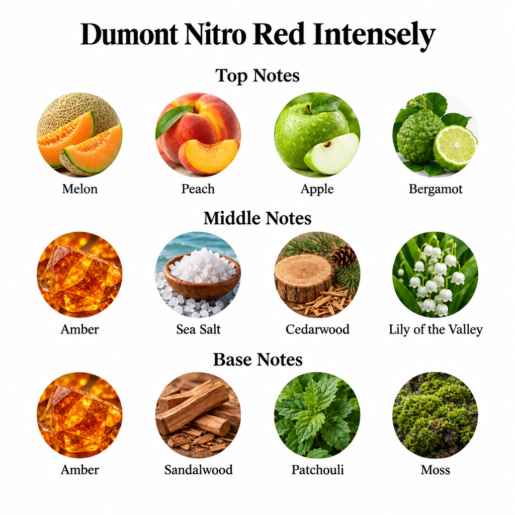 Dumont Nitro Red Intensely notes card showing all twelve top, middle, and base note entries