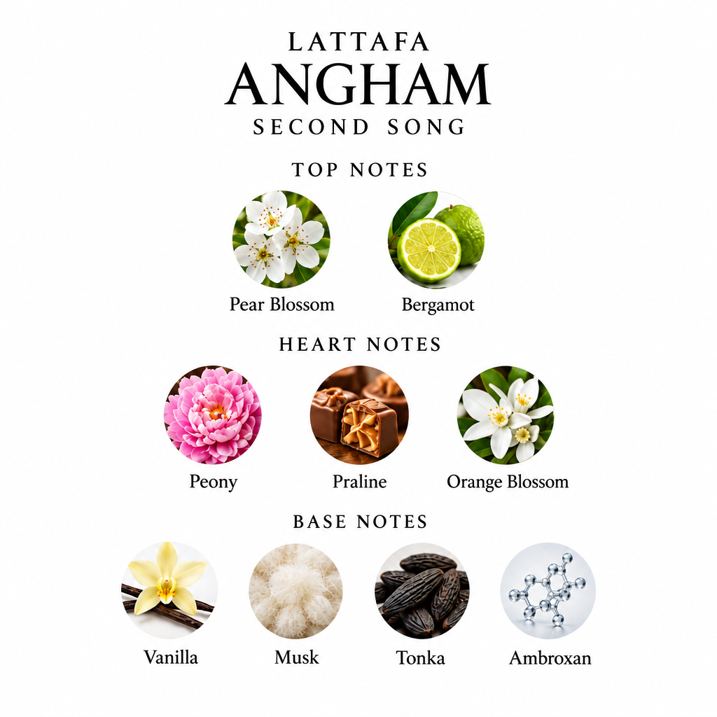 Lattafa Angham Second Song notes: pear blossom, bergamot, peony, praline, orange blossom, vanilla, musk, tonka and ambroxan