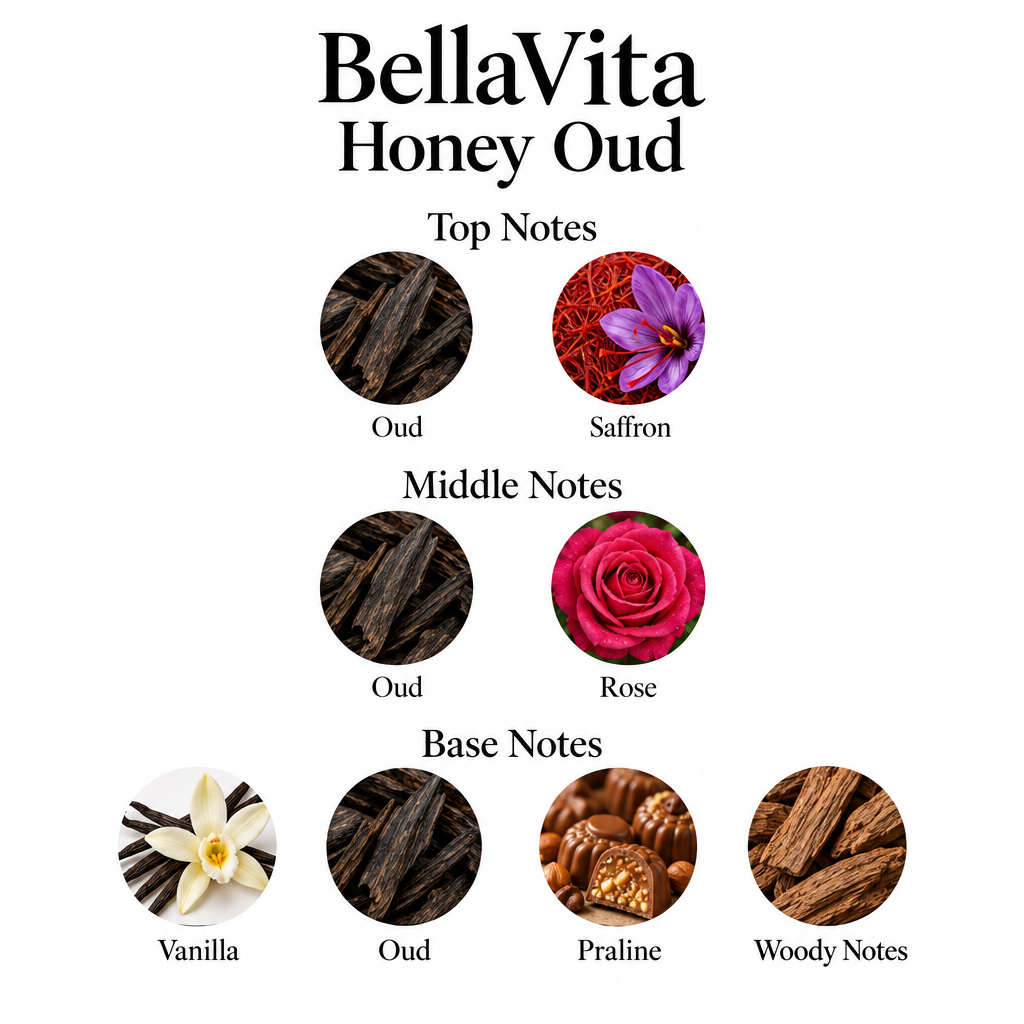 BellaVita Honey Oud top, middle and base fragrance notes