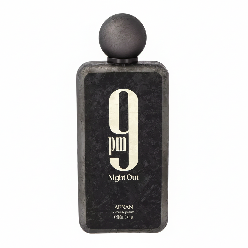 Afnan 9 PM Night Out perfume bottle centered on a white background