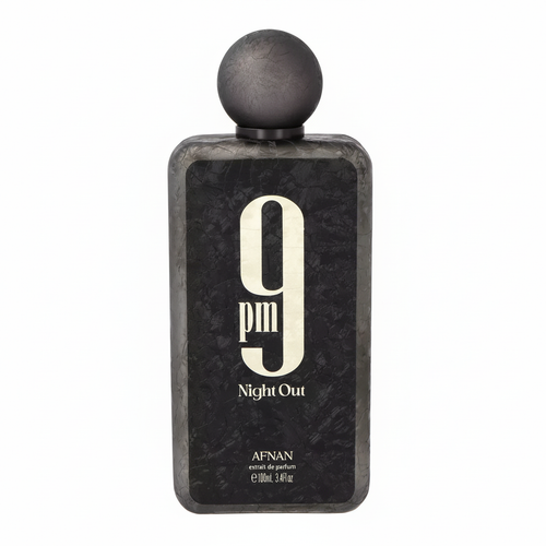 Afnan 9 PM Night Out perfume bottle centered on a white background