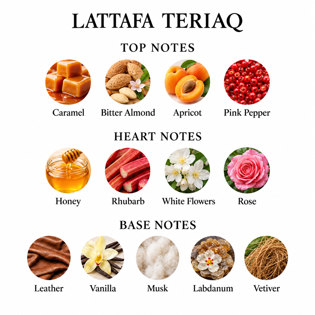 Lattafa Teriaq notes card: caramel, bitter almond, apricot, pink pepper, honey, rhubarb, white flowers, rose, leather, vanilla, musk, labdanum and vetiver