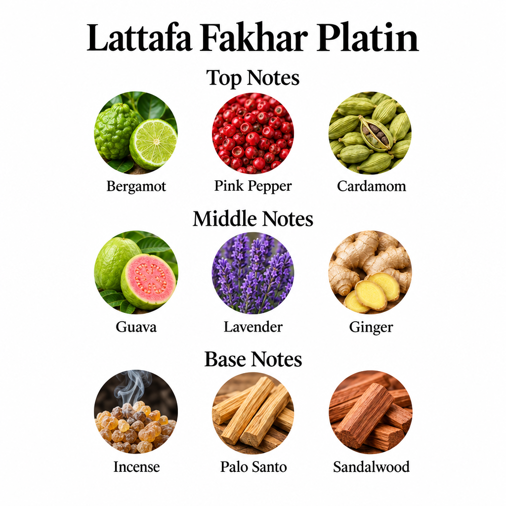Lattafa Fakhar Platin: bergamot, pink pepper, cardamom; guava, lavender, ginger; incense, palo santo, sandalwood.
