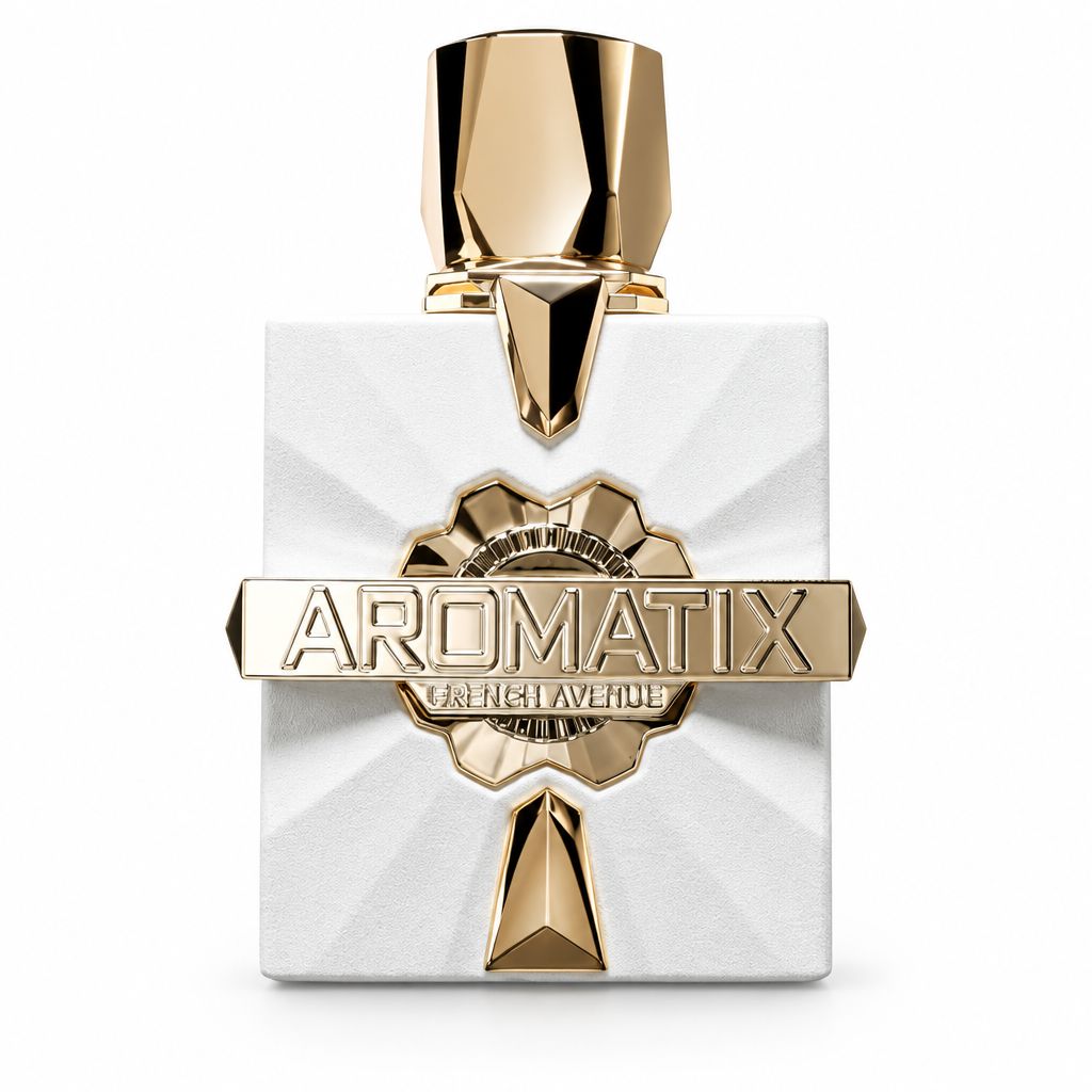 Aromatix X Platine Blanc white fragrance bottle with gold cap and Aromatix French Avenue plaque, closely framed on white.