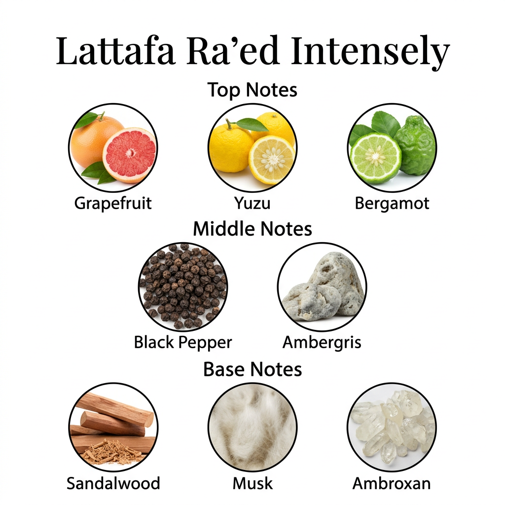 Lattafa Ra'ed Intensely notes: grapefruit, yuzu, bergamot; black pepper, ambergris; sandalwood, musk and Ambroxan.