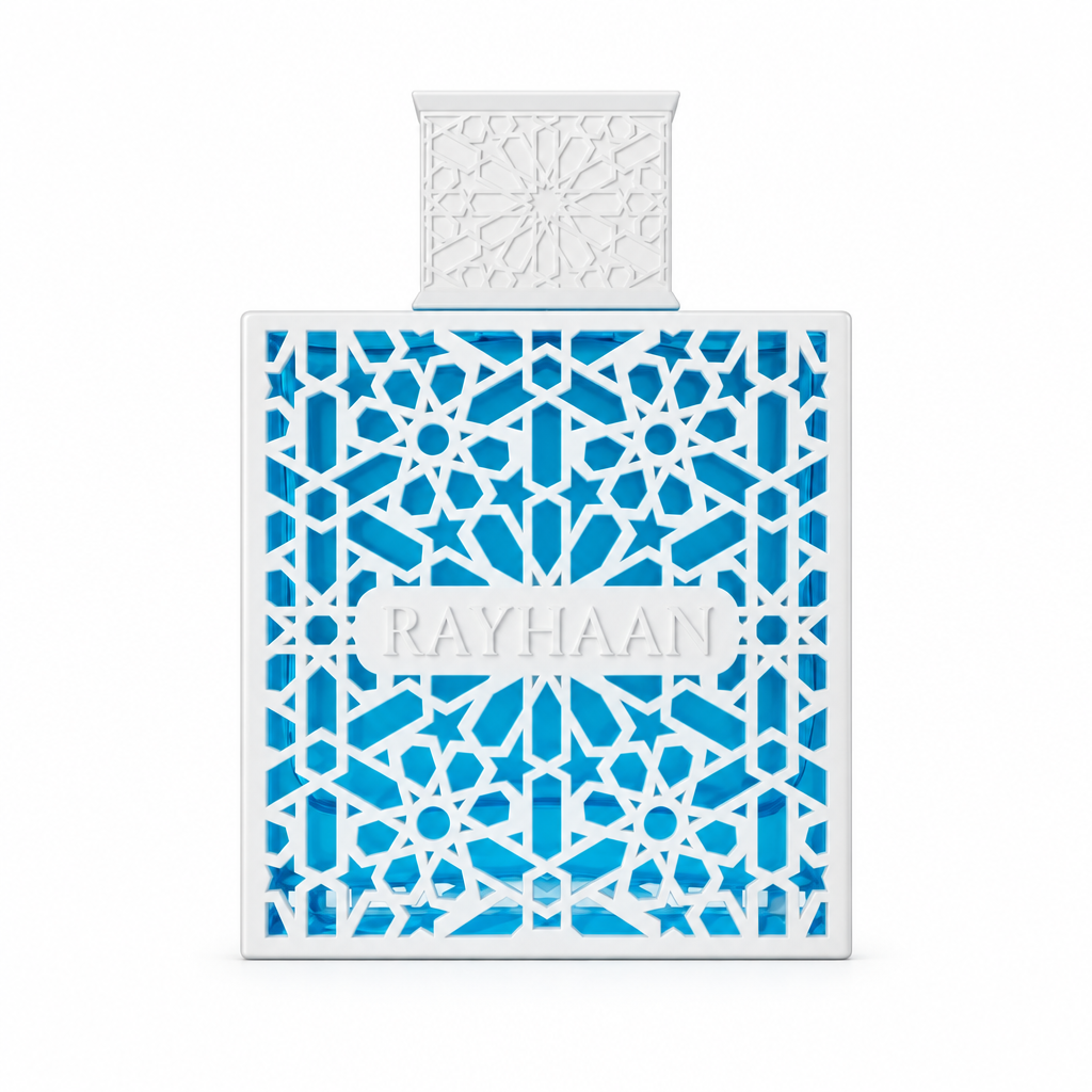 Rayhaan Azul blue fragrance bottle with white geometric lattice and cap on a white background.