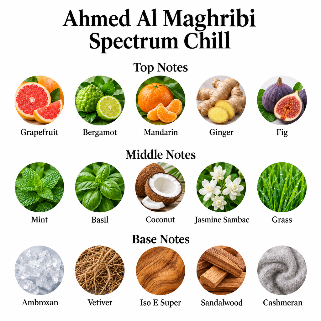 Ahmed Al Maghribi Spectrum Chill top, middle and base fragrance notes