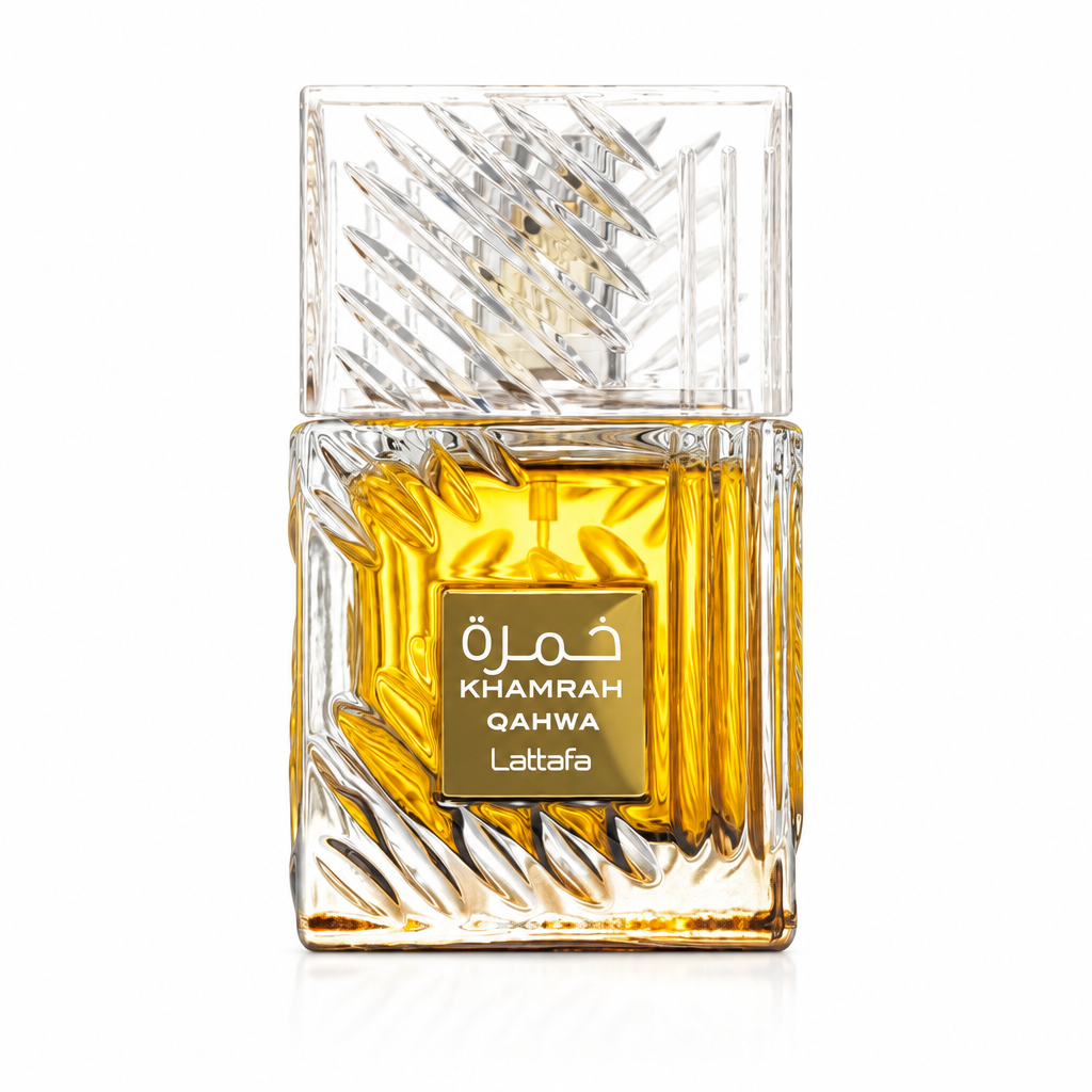 Lattafa Khamrah Qahwa fragrance bottle centered on a white background.