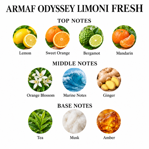 Armaf Odyssey Limoni Fresh notes card: Lemon, Sweet Orange, Bergamot, Mandarin; Orange Blossom, Marine Notes, Ginger; Tea, Musk, Amber