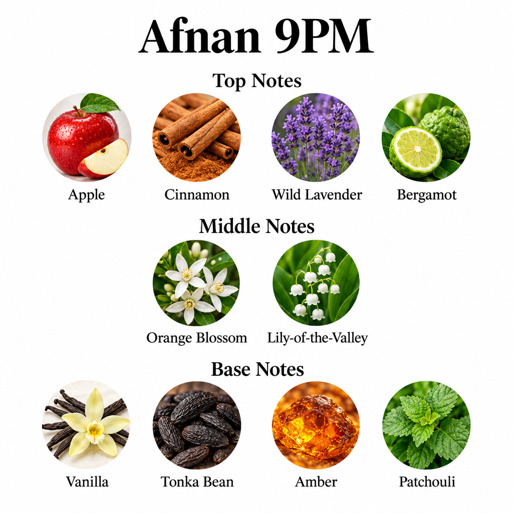 Afnan 9PM top, middle and base fragrance notes