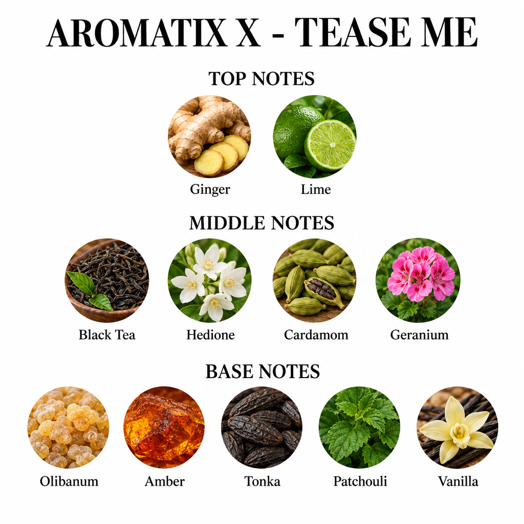 Aromatix X - Tease Me fragrance notes: Top: ginger, lime; Middle: black tea, Hedione, cardamom, geranium; Base: olibanum, amber, tonka, patchouli, vanilla