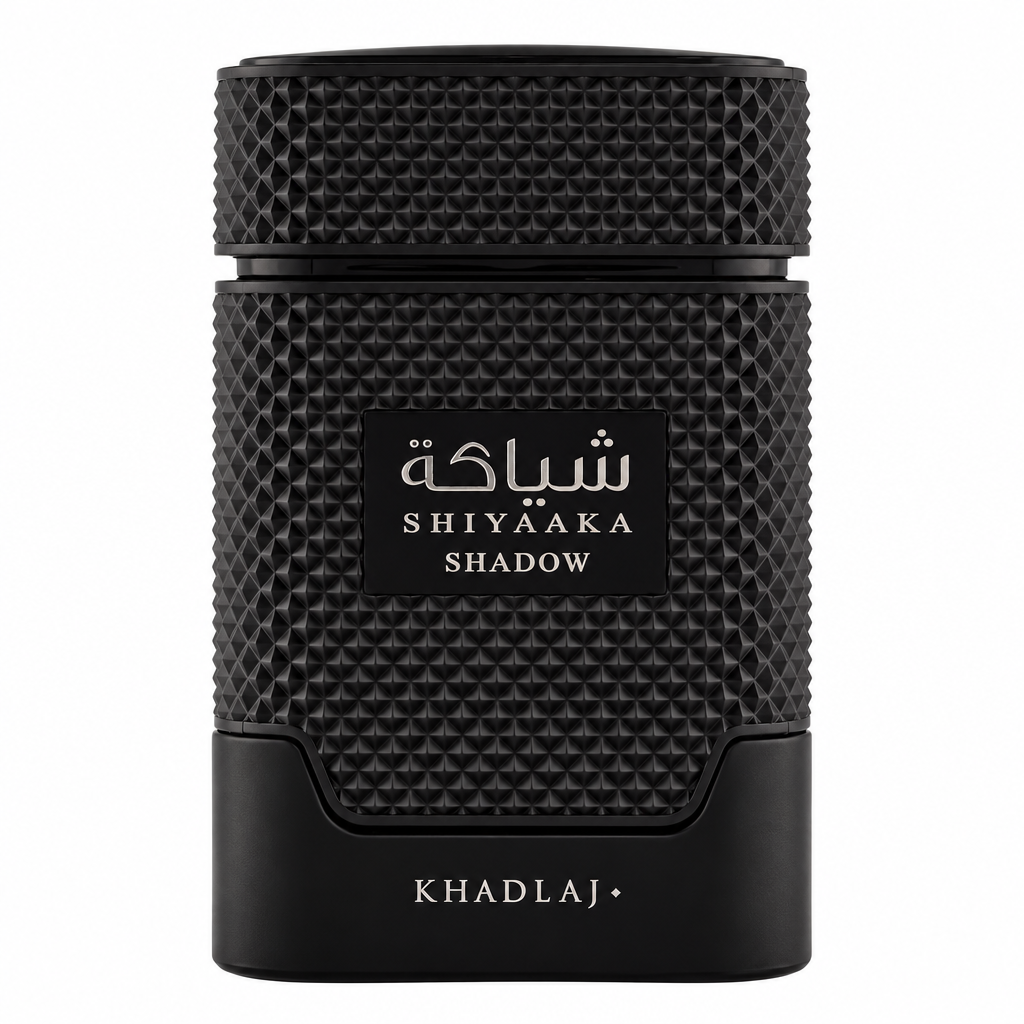 Khadlaj Shiyaaka Shadow black bottle centered on white with broad proportions and framing matched to Shiyaaka Snow.