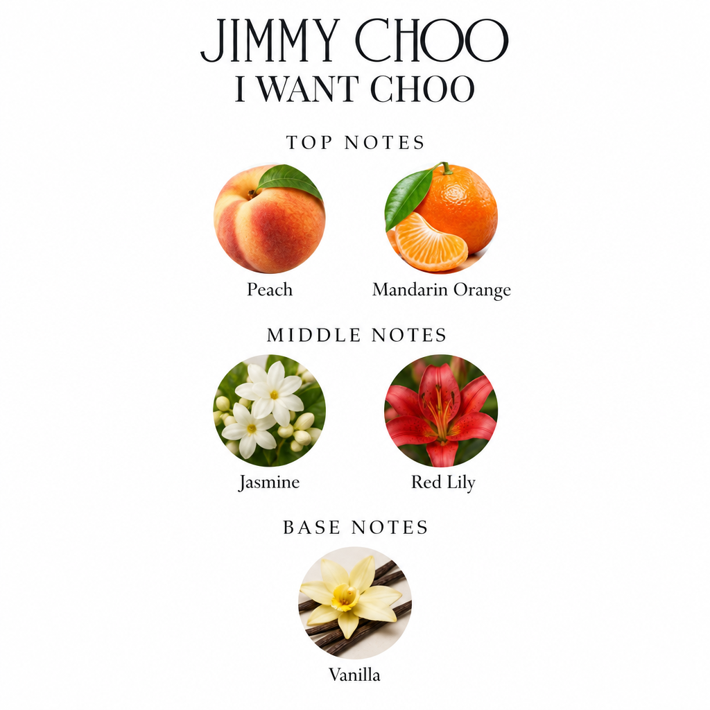 Jimmy Choo I Want Choo fragrance notes: peach, mandarin orange, jasmine, red lily and vanilla