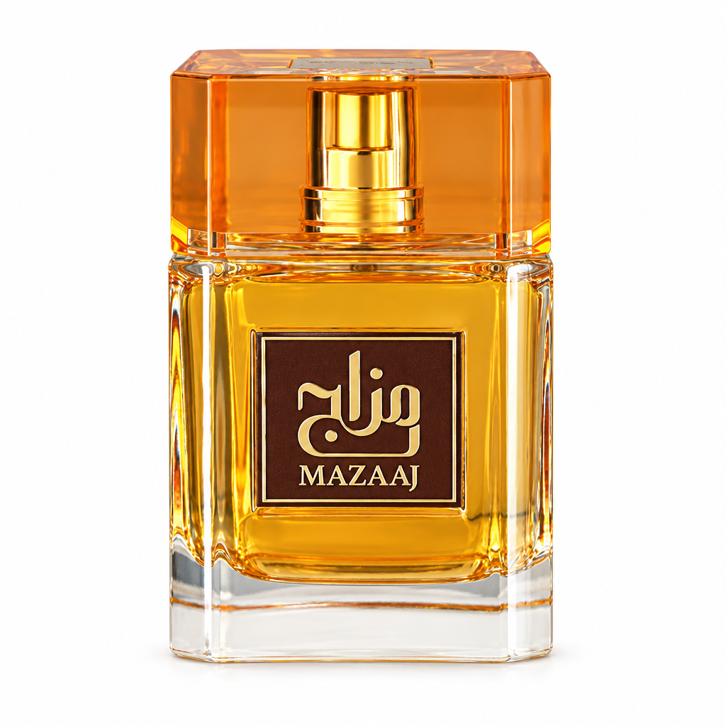 Zimaya Mazaaj golden fragrance bottle with amber cap and original label centered on white.