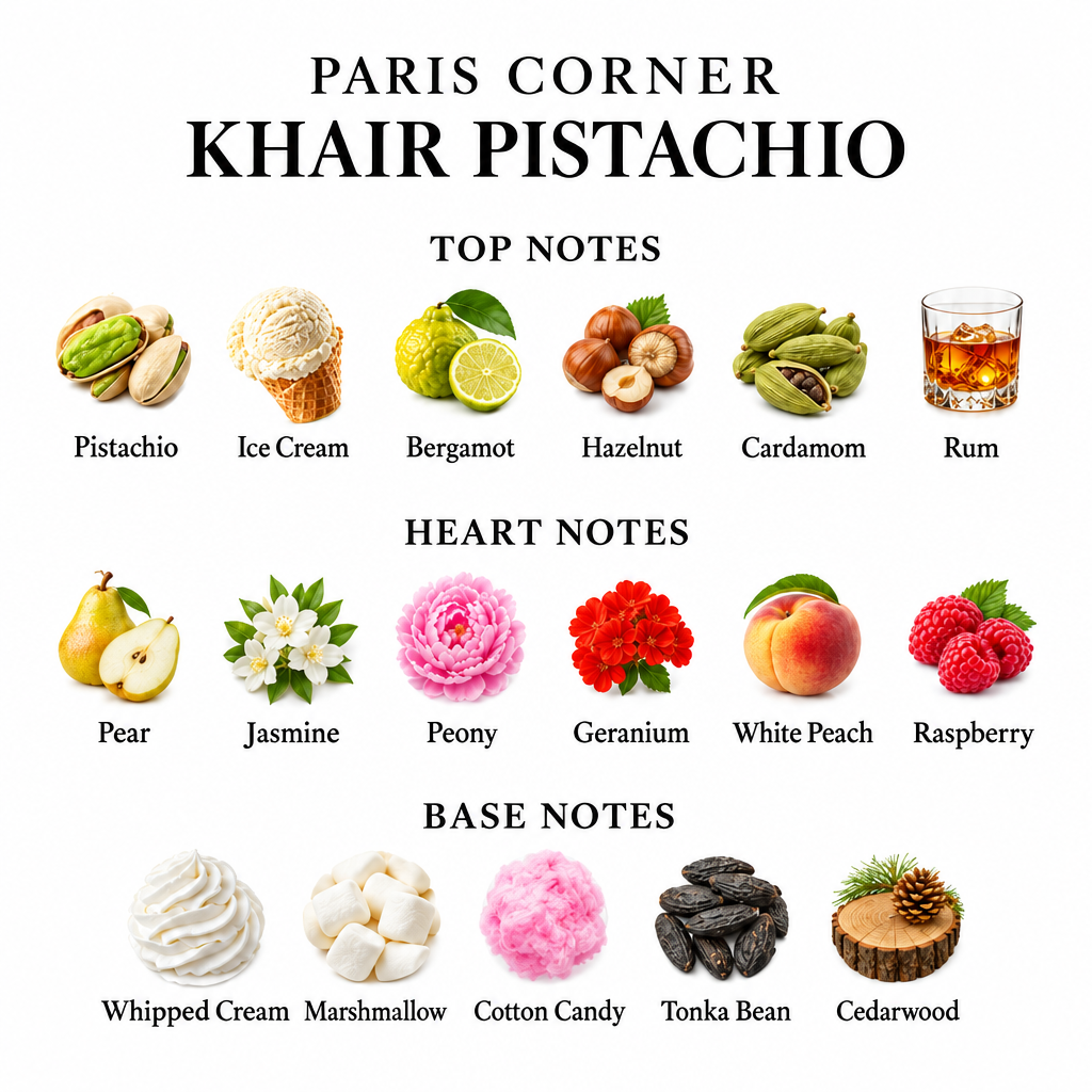 Paris Corner Khair Pistachio notes card with top, heart and base ingredients
