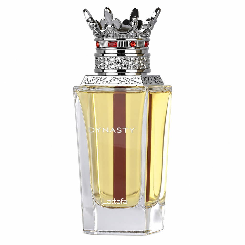 Lattafa Dynasty faceted glass bottle with silver crown cap and red jewels centered on white.
