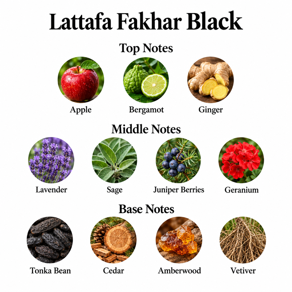 Lattafa Fakhar Black: apple, bergamot, ginger; lavender, sage, juniper berries, geranium; tonka bean, cedar, amberwood, vetiver.