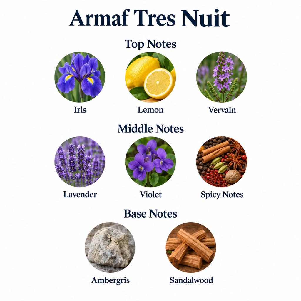 Armaf Tres Nuit notes: iris, lemon, vervain; lavender, violet, spicy notes; ambergris and sandalwood.