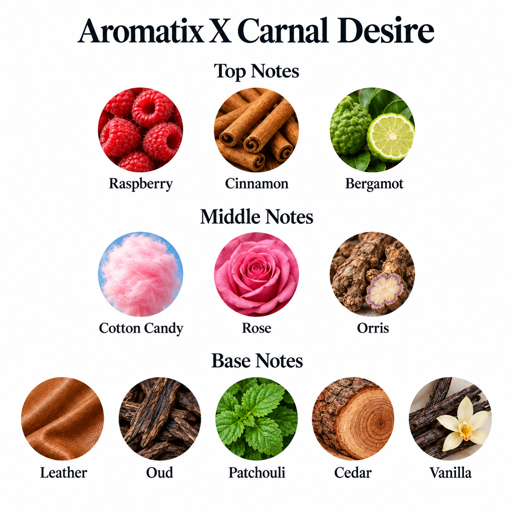 Aromatix X Carnal Desire notes: raspberry, cinnamon, bergamot; cotton candy, rose, orris; leather, oud, patchouli, cedar, vanilla.