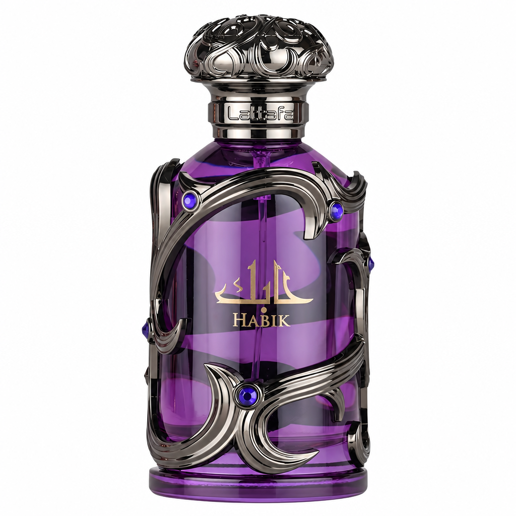 Lattafa Habik purple bottle with ornate gunmetal detailing centered on white.