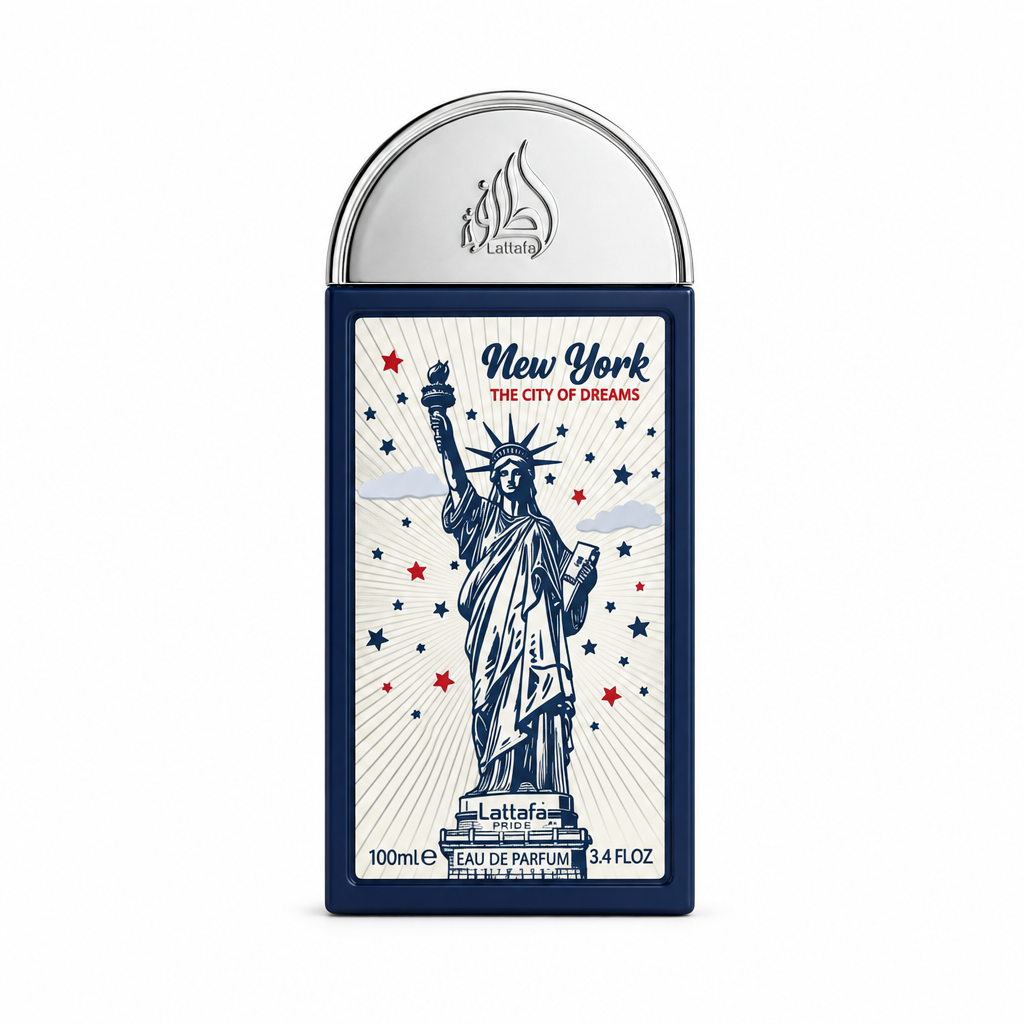 Lattafa Pride New York The City Of Dreams fragrance bottle on a white background.