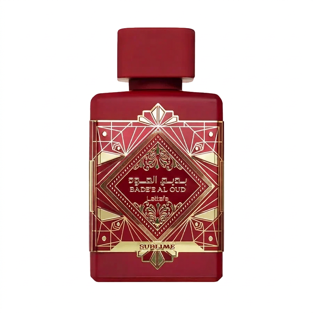Lattafa Bade'e Al Oud Sublime deep red bottle with ornate gold detailing, centered with white margins on a square background.