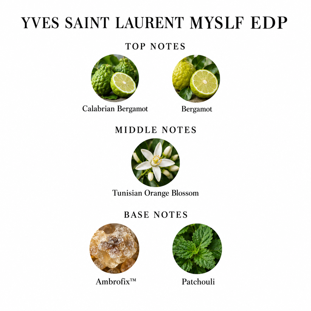 Yves Saint Laurent MYSLF EDP notes card: Calabrian Bergamot, Bergamot; Tunisian Orange Blossom; Ambrofix, Patchouli