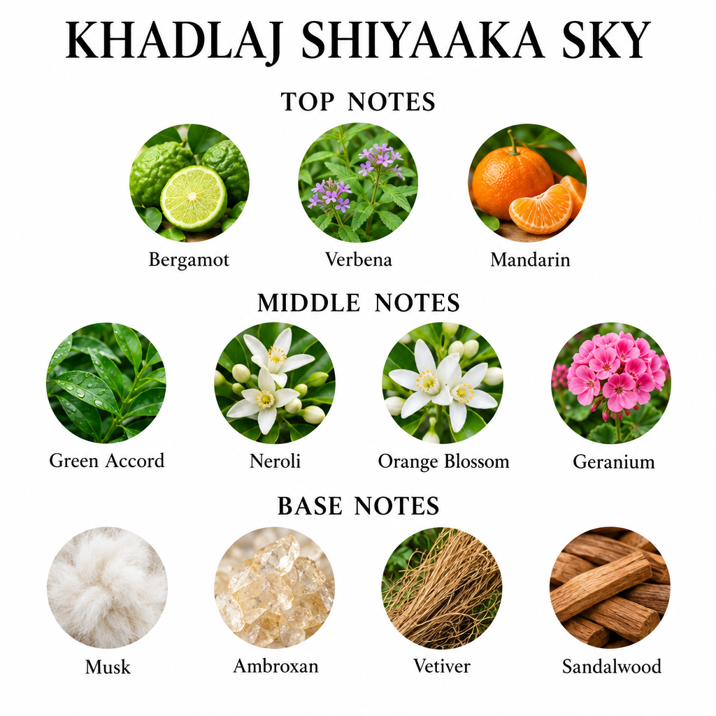 Khadlaj Shiyaaka Sky notes card: Bergamot, Verbena, Mandarin; Green Accord, Neroli, Orange Blossom, Geranium; Musk, Ambroxan, Vetiver, Sandalwood