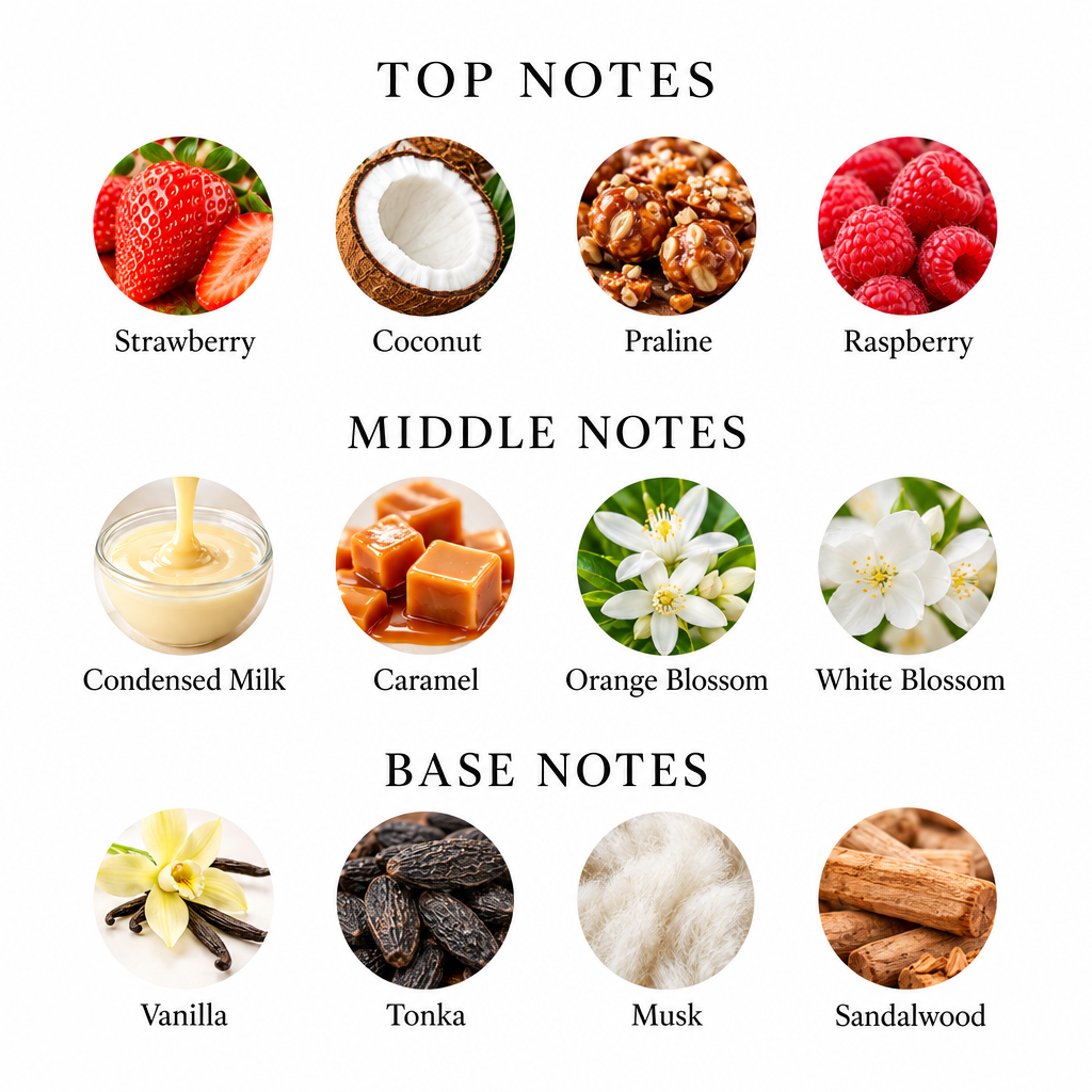 Rayhaan Kiss notes: strawberry, coconut, praline, raspberry; condensed milk, caramel, orange blossom, white blossom; vanilla, tonka, musk, sandalwood