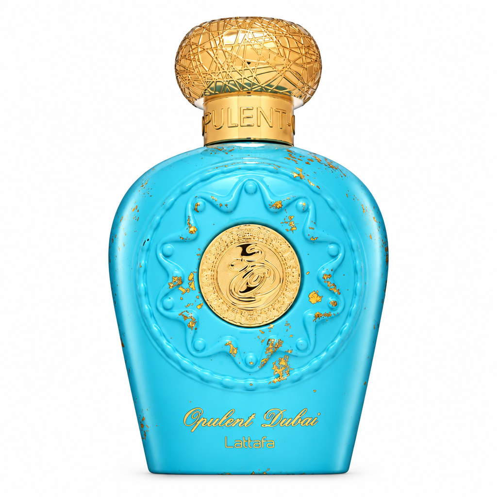 Lattafa Opulent Dubai turquoise and gold fragrance bottle on a white background.