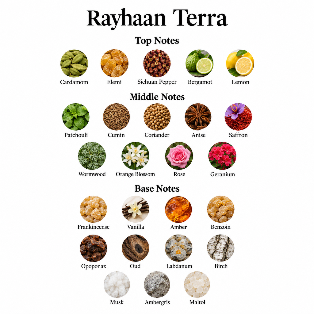 Rayhaan Terra full 25-note card with top, middle, and base notes, including cardamom, elemi, Sichuan pepper, saffron, frankincense, oud, and maltol.