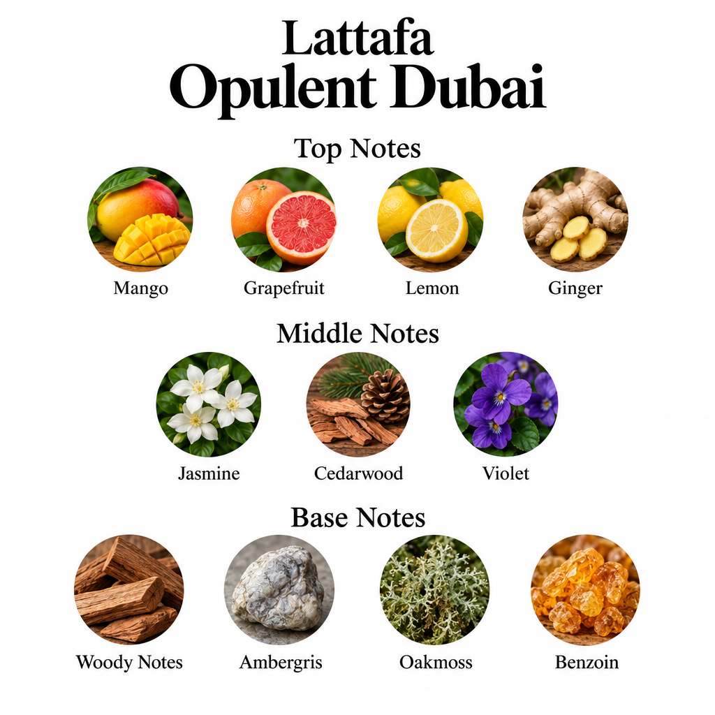 Opulent Dubai notes: mango, grapefruit, lemon, ginger; jasmine, cedarwood, violet; woody notes, ambergris, oakmoss, benzoin.