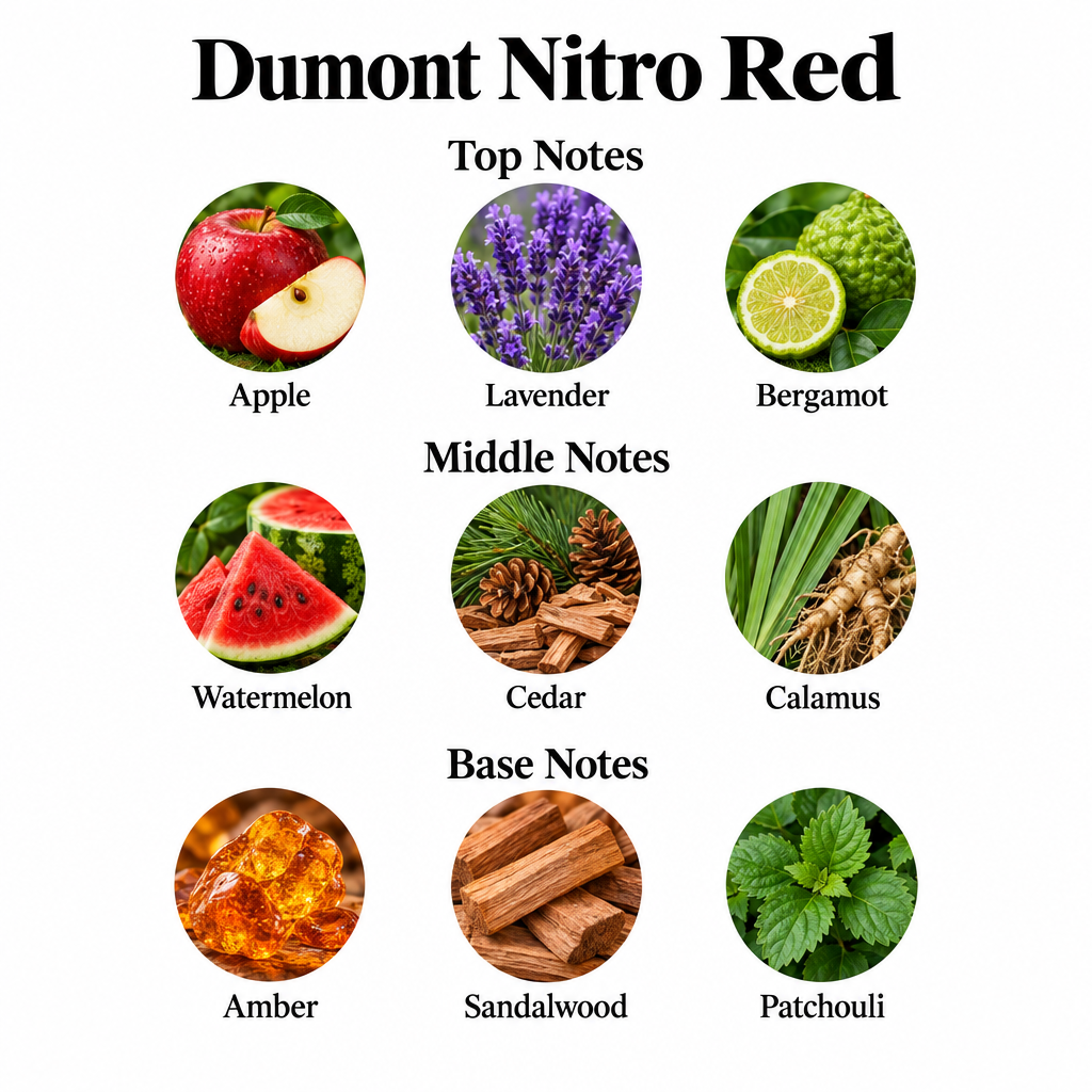 Dumont Nitro Red notes card: Apple, Lavender, Bergamot; Watermelon, Cedar, Calamus; Amber, Sandalwood, Patchouli.