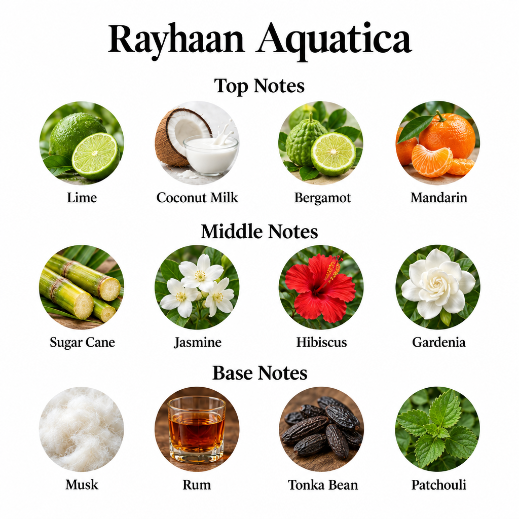 Aquatica notes: lime, coconut milk, bergamot, mandarin; sugar cane, jasmine, hibiscus, gardenia; musk, rum, tonka bean, patchouli.