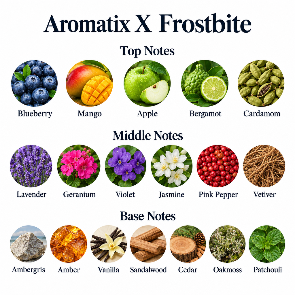 Aromatix X Frostbite notes: blueberry, mango, apple, bergamot, cardamom; lavender, geranium, violet, jasmine, pink pepper, vetiver; ambergris, amber, vanilla, sandalwood, cedar, oakmoss, patchouli.