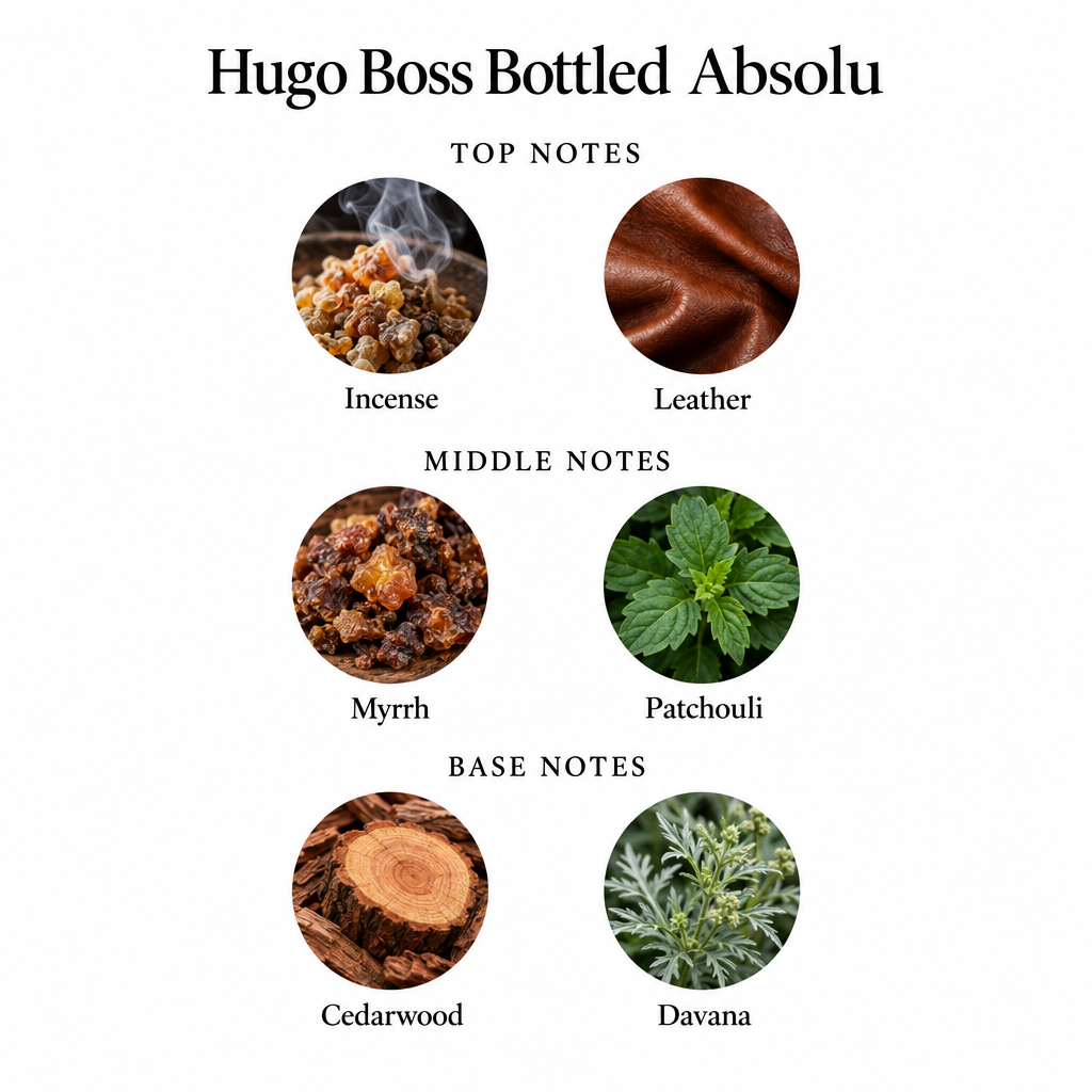 Hugo Boss Bottled Absolu notes card: Incense, Leather; Myrrh, Patchouli; Cedarwood, Davana.