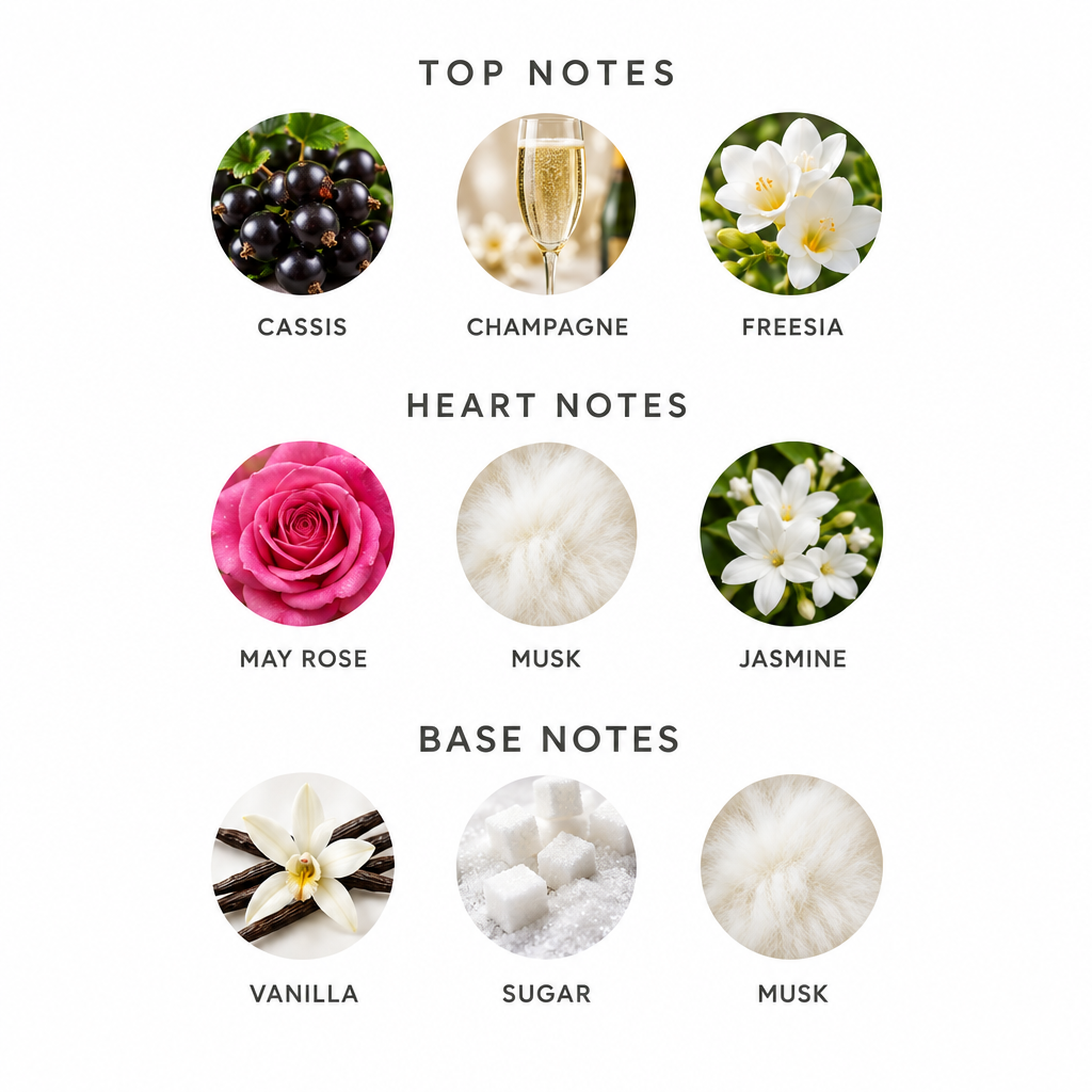 Khair Felicity notes: cassis, champagne, freesia; May rose, musk, jasmine; vanilla, sugar, musk